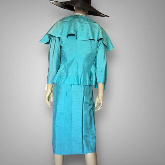 Vintage 1950s Silk Shantung Dress and Jacket Set Blue Green Georgette Trilère - Picture 3 of 16